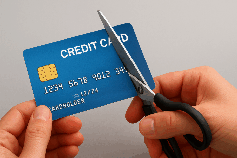 Mãos usando uma tesoura para cortar um cartão de crédito ao meio, simbolizando a liberdade financeira de quitar financiamento com consórcio e se livrar de dívidas com juros altos.