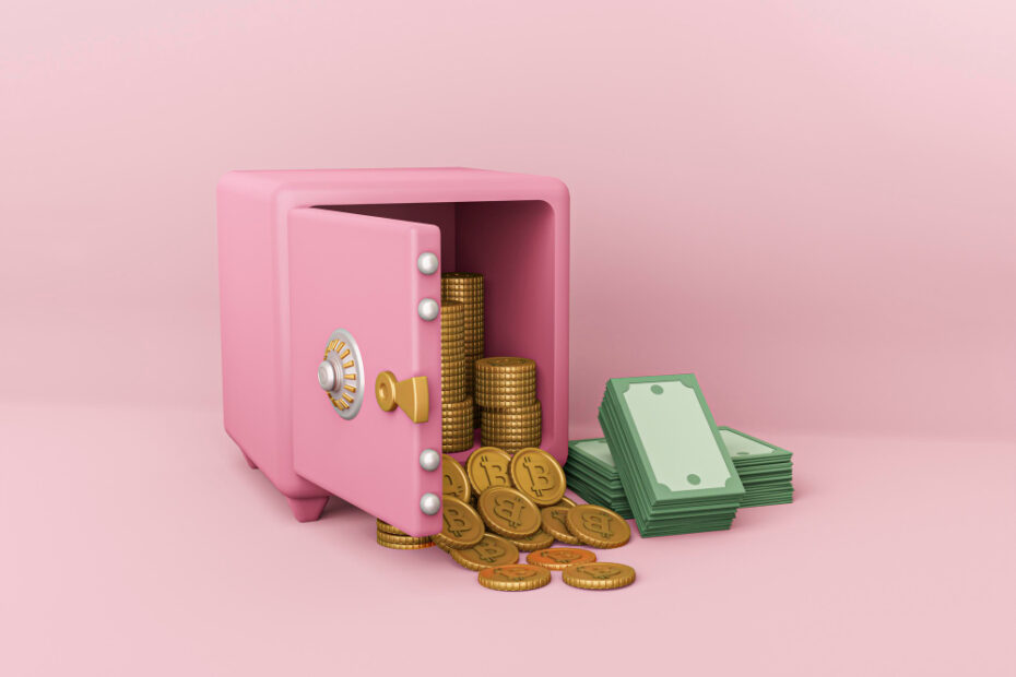 Cofre rosa aberto transbordando moedas de ouro e notas de dinheiro, simbolizando a liquidez imediata do seguro de vida na sucessão patrimonial.