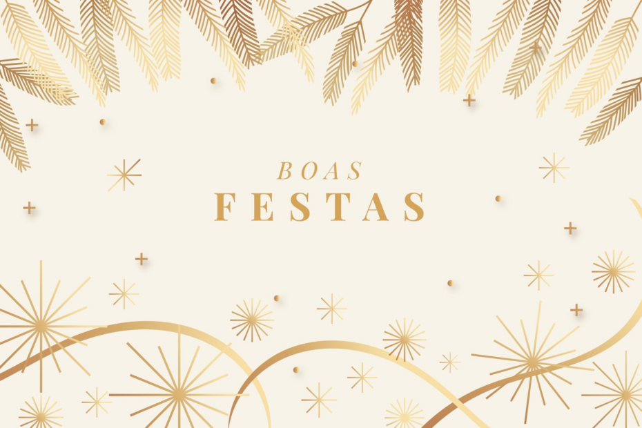 Design elegante em creme e dourado com a frase Boas Festas e ramos estilizados, ilustrando a mensagem de ano novo 2026 da corretora.