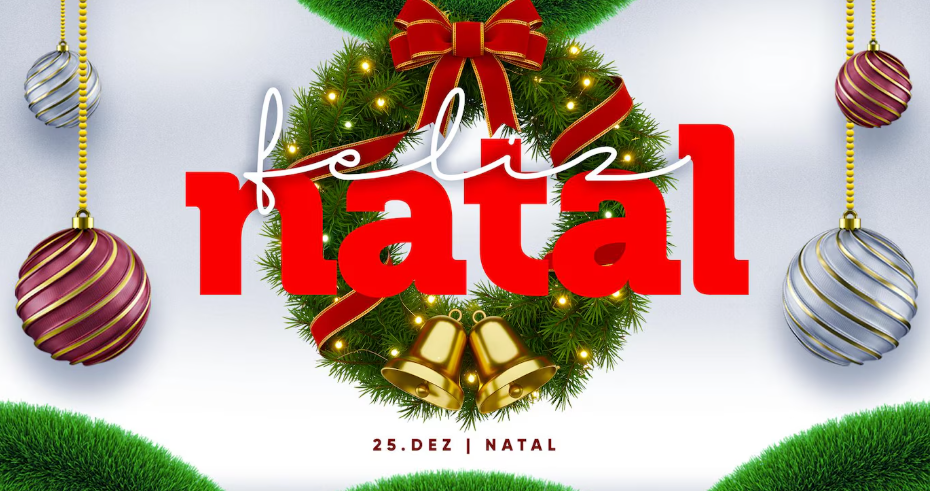 Banner festivo com guirlanda verde, laço vermelho e bolas de natal, com a frase Feliz Natal, ilustrando a mensagem de natal aos clientes da JJ & Amorim.