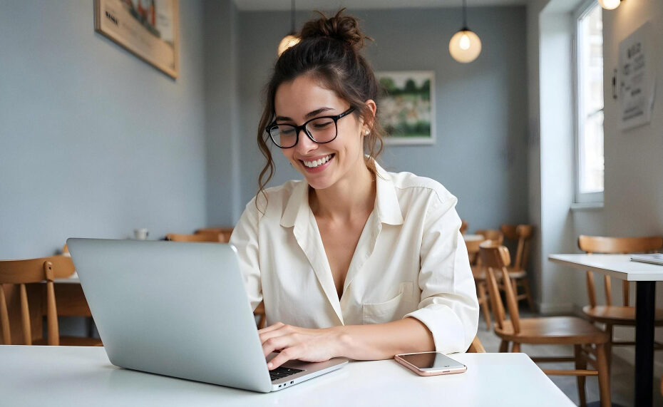 Mulher empreendedora trabalhando focada em seu notebook em um café moderno no ABC, representando a tranquilidade da proteção de renda para mulheres no ABC.