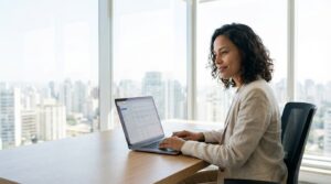 Mulher de negócios focada trabalhando em seu notebook com vista para a cidade, representando a segurança e a tranquilidade de contar com a proteção patrimonial no ABC.