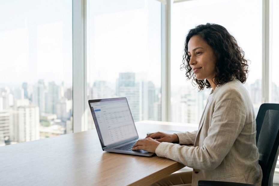 Mulher de negócios focada trabalhando em seu notebook com vista para a cidade, representando a segurança e a tranquilidade de contar com a proteção patrimonial no ABC.
