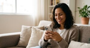 Mulher sorridente relaxando no sofá da sala usando o seu smartphone, representando a segurança de ter um seguro residencial para celular no ABC.