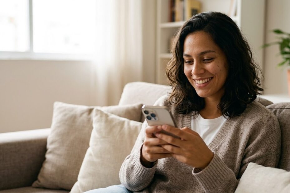Mulher sorridente relaxando no sofá da sala usando o seu smartphone, representando a segurança de ter um seguro residencial para celular no ABC.