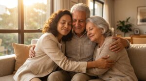 Filho abraçando seus pais idosos, representando o cuidado, o amor e a tranquilidade de garantir a assistência funeral no ABC.