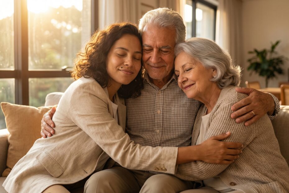 Filho abraçando seus pais idosos, representando o cuidado, o amor e a tranquilidade de garantir a assistência funeral no ABC.