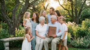 Família multigeracional unida num jardim ao pôr do sol, representando o seguro de vida legado familiar e a tranquilidade entre gerações.