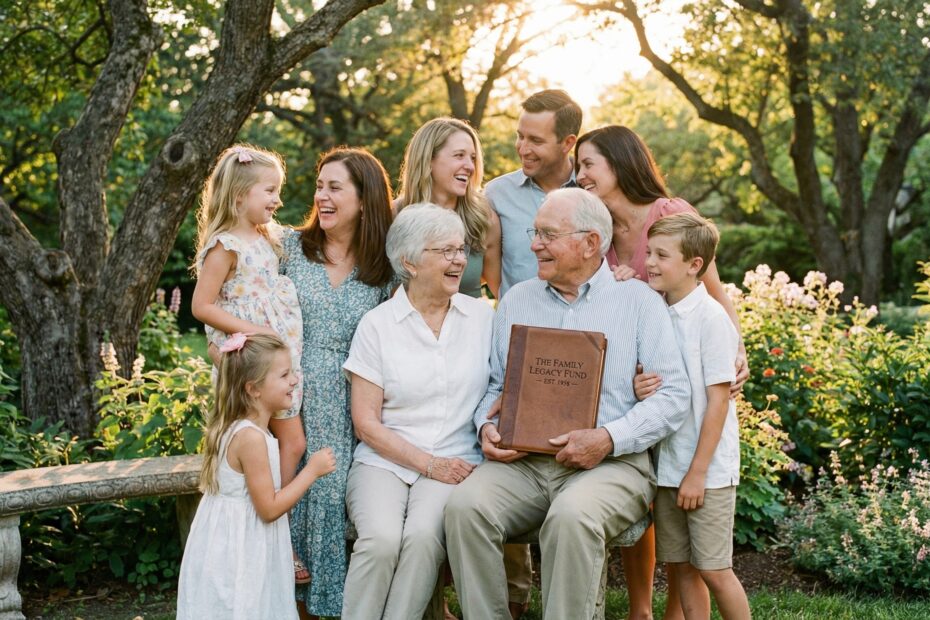 Família multigeracional unida num jardim ao pôr do sol, representando o seguro de vida legado familiar e a tranquilidade entre gerações.