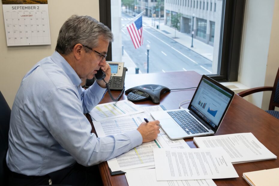 Profissional em escritório analisando a estratégia de blindagem patrimonial e seguro de vida.