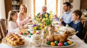 Família reunida para o almoço de Páscoa em um ambiente iluminado, representando a paz de espírito e proteção familiar da JJ & Amorim.