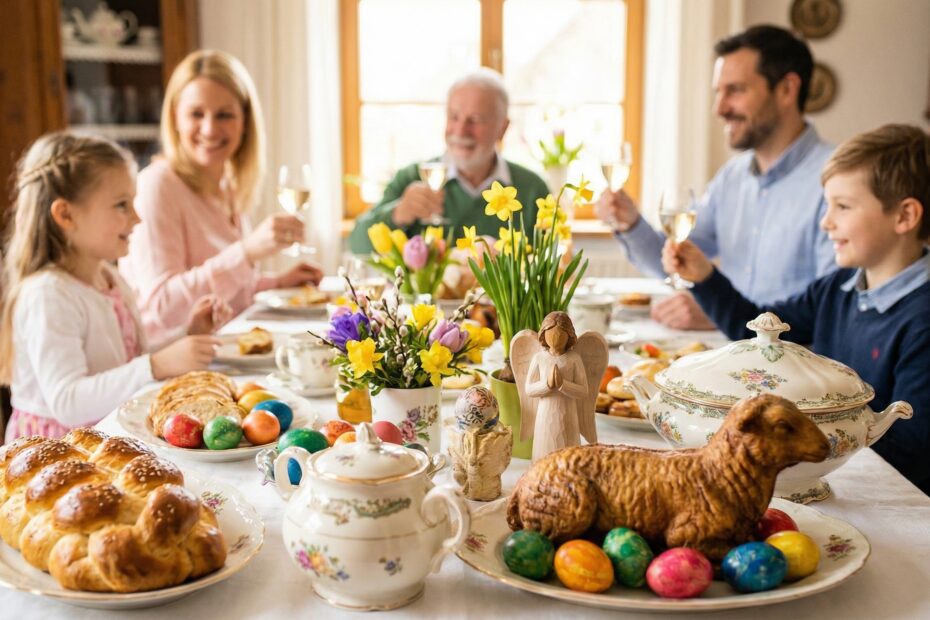 Família reunida para o almoço de Páscoa em um ambiente iluminado, representando a paz de espírito e proteção familiar da JJ & Amorim.