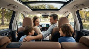 Família unida e sorridente durante uma viagem, representando a segurança da blindagem de patrimônio e seguro auto da JJ & Amorim.