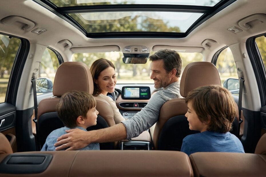 Família unida e sorridente durante uma viagem, representando a segurança da blindagem de patrimônio e seguro auto da JJ & Amorim.