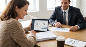 Cliente satisfeito analisando planejamento financeiro para aquisição de bens através de consórcio inteligente.