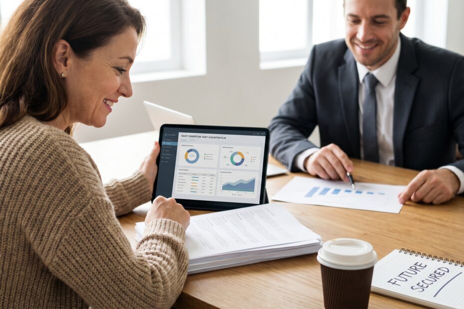 Cliente satisfeito analisando planejamento financeiro para aquisição de bens através de consórcio inteligente.